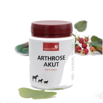 Weißer Behälter mit rotem Deckel mit der Aufschrift „Arthrose Akut 100% Natur“ für Haustiere, zeigt Silhouetten von Pferd, Hund und Katze.