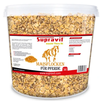 Plastikbehälter mit Supravit Maisflocken Pferdefutterflocken, 2 kg, mit Pferdeillustration und deutschem Text.