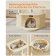 Katzenbaum mit geräumigem beigem Plüschversteck, großer Plattform und gemütlicher Hängematte, jeweils mit einer Katze darin.