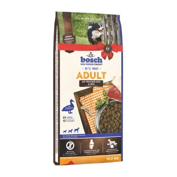 Bosch Hundefutter für Erwachsene, 15 kg, mit frischer Ente und Reis, mit einem Foto eines Hundes und wichtigen Details wie 23% Protein und 12% Fett.