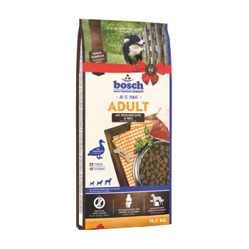 Bosch Hundefutter für Erwachsene, 15 kg, mit frischer Ente und Reis, mit einem Foto eines Hundes und wichtigen Details wie 23% Protein und 12% Fett.