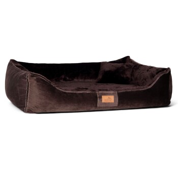 Braunes plüschiges Haustierbett mit erhöhten Kanten und einem Lederschild mit der Aufschrift "tierlando" an der Seite, entworfen für Komfort.
