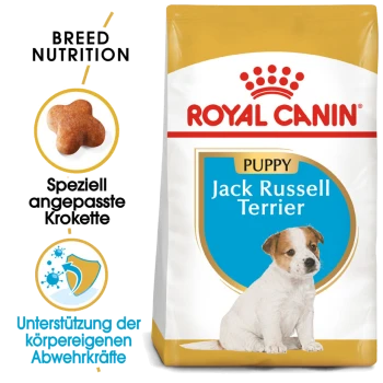 Royal Canin Welpenfutter für Jack Russell Terrier, mit einem Welpenbild, rassespezifischer Ernährung und Ansprüchen auf Immununterstützung.