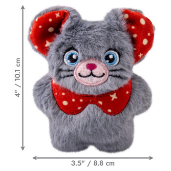Gray plush mouse toy with blue eyes, red polka-dot ears and collar, measuring 4" x 3.5" (10.1 x 8.8 cm)