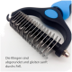 Nahaufnahme eines Haustierpflegewerkzeugs mit abgerundeten Edelstahlklingen und einem schwarzen Griff mit blauen Akzenten. Text: "Die Klingen sind abgerundet."