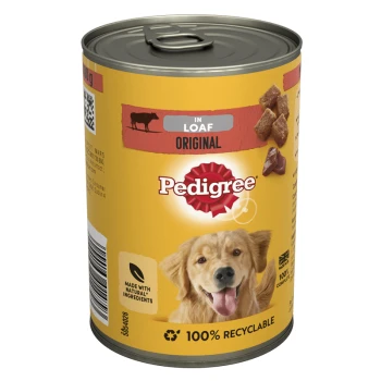 Canned dog food by Pedigree, labeled "Original in Loaf," featuring a yellow design, natural ingredients claim, and recyclable packaging.