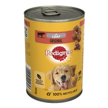 Canned dog food by Pedigree, labeled "Original in Loaf," featuring a yellow design, natural ingredients claim, and recyclable packaging.
