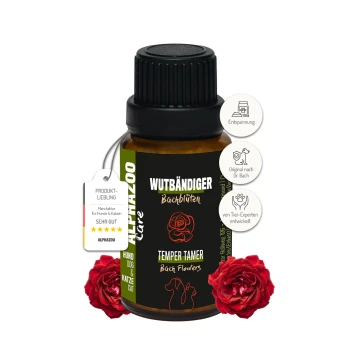 Flasche mit 'Temper Tamer' Bachblütenmittel für Hunde und Katzen, beschriftet 'Wutbändiger' mit Entspannungseffekten, mit einem Rosendesign.