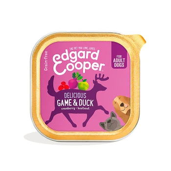 Edgard Cooper getreidefreies Hundefutterverpackung mit "Delicious Game & Duck" mit Cranberry und Rote Beete, entworfen für erwachsene Hunde.
