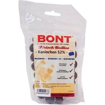 BONT Fleisch Bollies Hundesnacks, Kaninchen 52%, durchsichtige Tüte zeigt runde braune Bällchen, weizenfrei, getreidefrei, glutenfrei.