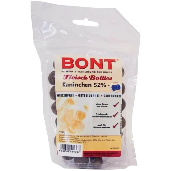 BONT Fleisch Bollies Hundesnacks, Kaninchen 52%, durchsichtige Tüte zeigt runde braune Bällchen, weizenfrei, getreidefrei, glutenfrei.