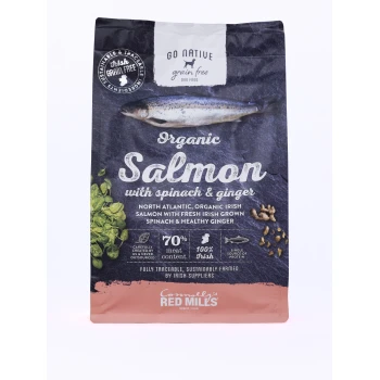 Organic salmon dog food bag featuring spinach and ginger, 70% meat content, 100% Irish, sustainably sourced by Connolly's Red Mills.
