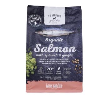 Organic salmon dog food bag featuring spinach and ginger, 70% meat content, 100% Irish, sustainably sourced by Connolly's Red Mills.