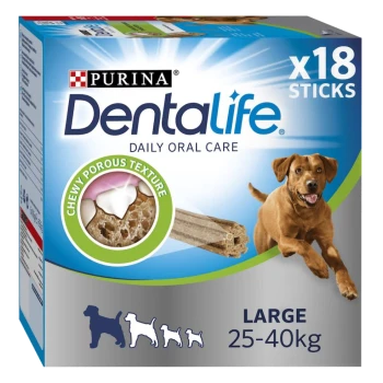 Purina Dentalife daily oral care dog treats, large 25-40kg, 18 sticks, chewy porous texture, with running dog image.