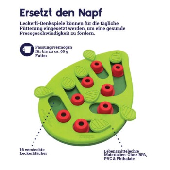 Grünes Haustierfütterungspuzzle in Form eines Blattes, mit roten Leckerli-Spendern und Text über seine Kapazität und Materialien.