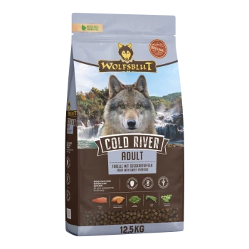 Wolfsblut Cold River Adult Hundefutterbeutel mit Wolfsbild, Forelle und Süßkartoffeln, 12,5 kg, recycelbare Verpackung.