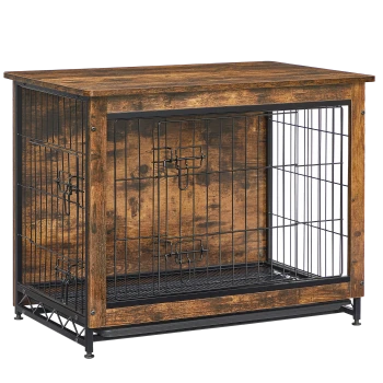 Holzhaustierkäfig mit schwarzen Metallstäben, mit zwei Türen und einer flachen Oberseite, geeignet für den Innenbereich.