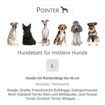Hundebett für mittlere Hunde, Größe L, geeignet für Hunde mit Rückenlängen bis 46 cm, Beispiele: Beagle, Sheltie, Bulldogge.