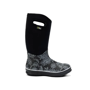 Schwarze, blumenmusterte, wasserdichte Stiefel mit einer strukturierten Sohle und einem Griff für einfaches Anziehen, mit einem Logo-Tag an der Seite.