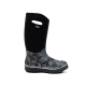 Schwarze, blumenmusterte, wasserdichte Stiefel mit einer strukturierten Sohle und einem Griff für einfaches Anziehen, mit einem Logo-Tag an der Seite.