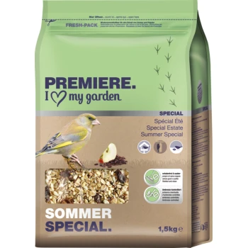 A bag of birdseed labeled "PREMIERE. I ♥ my garden," featuring a green finch and "Sommer Special" text.