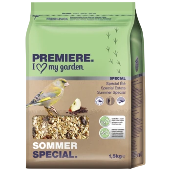 Eine Tüte Vogelfutter mit der Aufschrift "PREMIERE. I ♥ meinen Garten," mit einem grünen Fink und dem Text "Sommer Special."