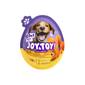 Eiförmige lila-gelbe Joy & Toy Hundesnack-Verpackung mit lächelndem Hund, ‚2in1 snack + toy‘ und 92,5 % gedrehten Hähnchenscheiben.