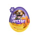 Eiförmige lila-gelbe Joy & Toy Hundesnack-Verpackung mit lächelndem Hund, ‚2in1 snack + toy‘ und 92,5 % gedrehten Hähnchenscheiben.