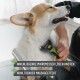 Eine Person bürstet einen glücklichen Corgi mit einem Werkzeug und zeigt "innere Mikroklingen entfernen Verfilzungen" und "beruhigende Massagewirkung."