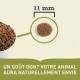 Gros plan d'un morceau de croquette (11 mm) dans un bol, avec le texte : "UN GOÛT DONT VOTRE ANIMAL AURA NATURELLEMENT ENVIE."