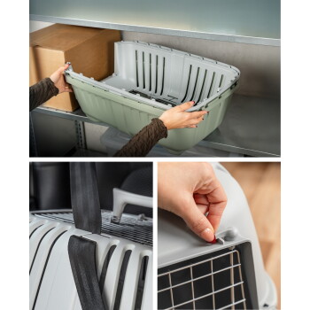 Collage: grau-grüne Kunststoff-Transportbox auf einem Regal; Hände, die damit hantieren; Nahaufnahmen der Gurtbefestigung und des oberen Verschlusses.