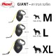 Laisse de chien rétractable Flexi Giant en trois tailles : M (max. 25 kg), L (max. 50 kg) et XL, avec des mesures de longueur affichées.