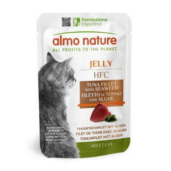 Pochette de nourriture pour chats Almo Nature Jelly HFC mettant en vedette un filet de thon avec des algues, avec le profil d'un chat à gauche et un texte multilingue.