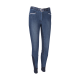 Denim-Reithosen mit einem schlanken Design, kontrastierenden weißen Nähten und einem strukturierten Griffbereich entlang der Innenseiten der Beine.