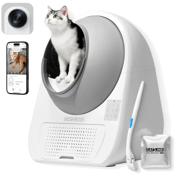 Weiß‑graues CAT‑LINK automatisches Katzenklo mit schwarz‑weißer Katze, Smartphone‑App und Geruchsentferner‑Pack