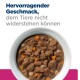 Schüssel mit Haustierfutter, die Stücke von Fleisch und Gemüse zeigt, mit dem Text "Hervorragender Geschmack, dem Tiere nicht widerstehen können."