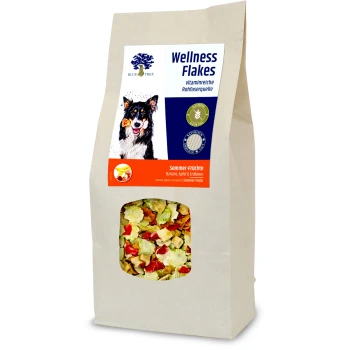 Wellness Flakes 650 g z owocami Worek Blue Tree Wellness Flakes dla zwierząt, oznaczony "Sommer-Früchte" z bananem, jabłkiem i truskawką. Bezglutenowy.