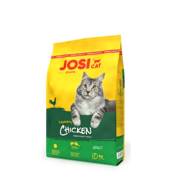 Eine 10 kg Tüte JOSI CAT Crunchy Chicken Katzenfutter mit einer grauen Katze auf der Vorderseite, mit Text, der '48% tierisches Protein' und 'Erwachsene' hervorhebt.
