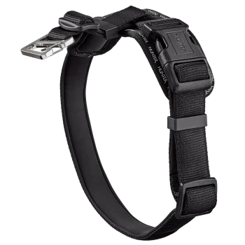Schwarzes verstellbares Hundehalsband mit gepolstertem Innenfutter, Metall-Leinenclip und 'HUNTER'-Schnalle.