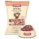 DIBO Aktiv-Mix Hundefutterverpackung mit einem transparenten Fenster, das gemischte Fleischstücke zeigt, mit Text, der die Zutaten und die Verwendung beschreibt.
