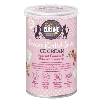 Snack lyophilisé Kitty's Cuisine Freeze Dried Snack Ice Cream pour chats, poulet avec lait de vache et canneberges, sans gluten, lyophilisé, avec superaliments.