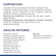 Analyse des ingrédients de la nourriture pour animaux, y compris du poulet, un mélange prébiotique, des protéines et des vitamines.