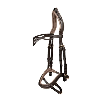 Braunes Leder-Haustiergeschirr mit gepolstertem Innenraum, mit verstellbaren Riemen und goldfarbenen Schnallen, vor einem weißen Hintergrund präsentiert.