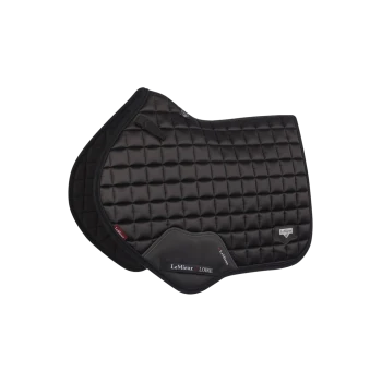 Schwarzes, gestepptes Sattelpad mit LeMieux- und Loire-Branding, mit einem eleganten Design und gepolsterter Textur.