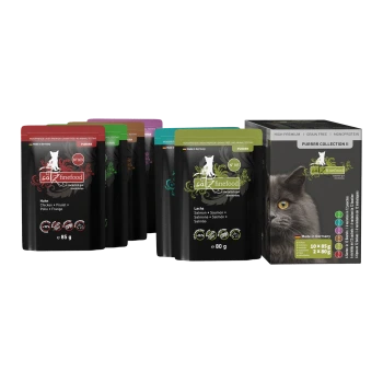 Eine Vielzahl von Katzenfutterbeuteln in verschiedenen Geschmacksrichtungen, darunter Huhn und Lachs, neben einer Box mit der Aufschrift "PURRR COLLECTION II."