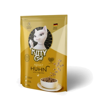 Kitty Cat Adult Huhn, getreidefreies Katzenfutter, hergestellt in Deutschland, mit DIVA-Effekt und sichtbaren Kroketten in einer Schale.