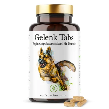 Flasche mit 'Gelenk Tabs' Nahrungsergänzungsmittel für Hunde, mit einer Abbildung eines Deutschen Schäferhundes, mit drei Tabletten davor.