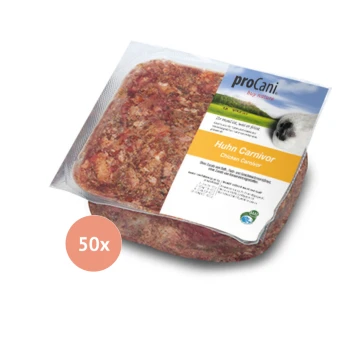 Verpacktes rohes Haustierfutter mit der Bezeichnung "proCani Huhn Carnivor", das Huhn enthält, mit einem Hinweis auf "50x" Portionen.