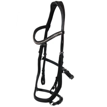 Schwarzes Haustiergeschirr mit einem dekorativen Strassriemen, ausgestattet mit verstellbaren Schnallen und mehreren Befestigungspunkten.