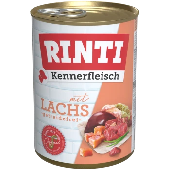 Dose Rinti Kennerfleisch getreidefreies Lachs-Hundefutter mit Bildern von Fleisch und Gemüse auf dem Etikett.